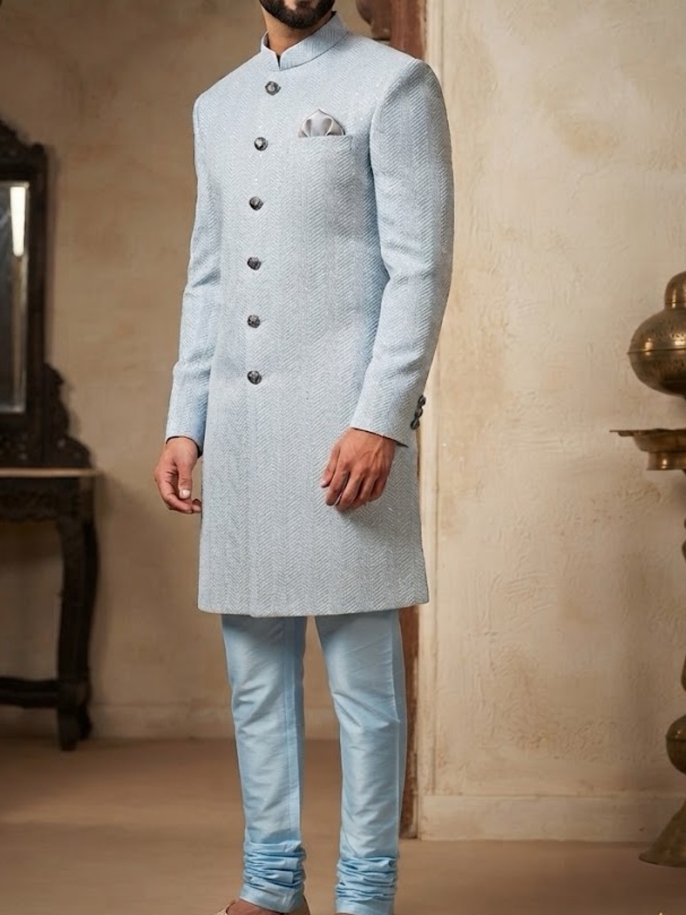 Light Blue Men's Sherwani Coat Set 3 PCS